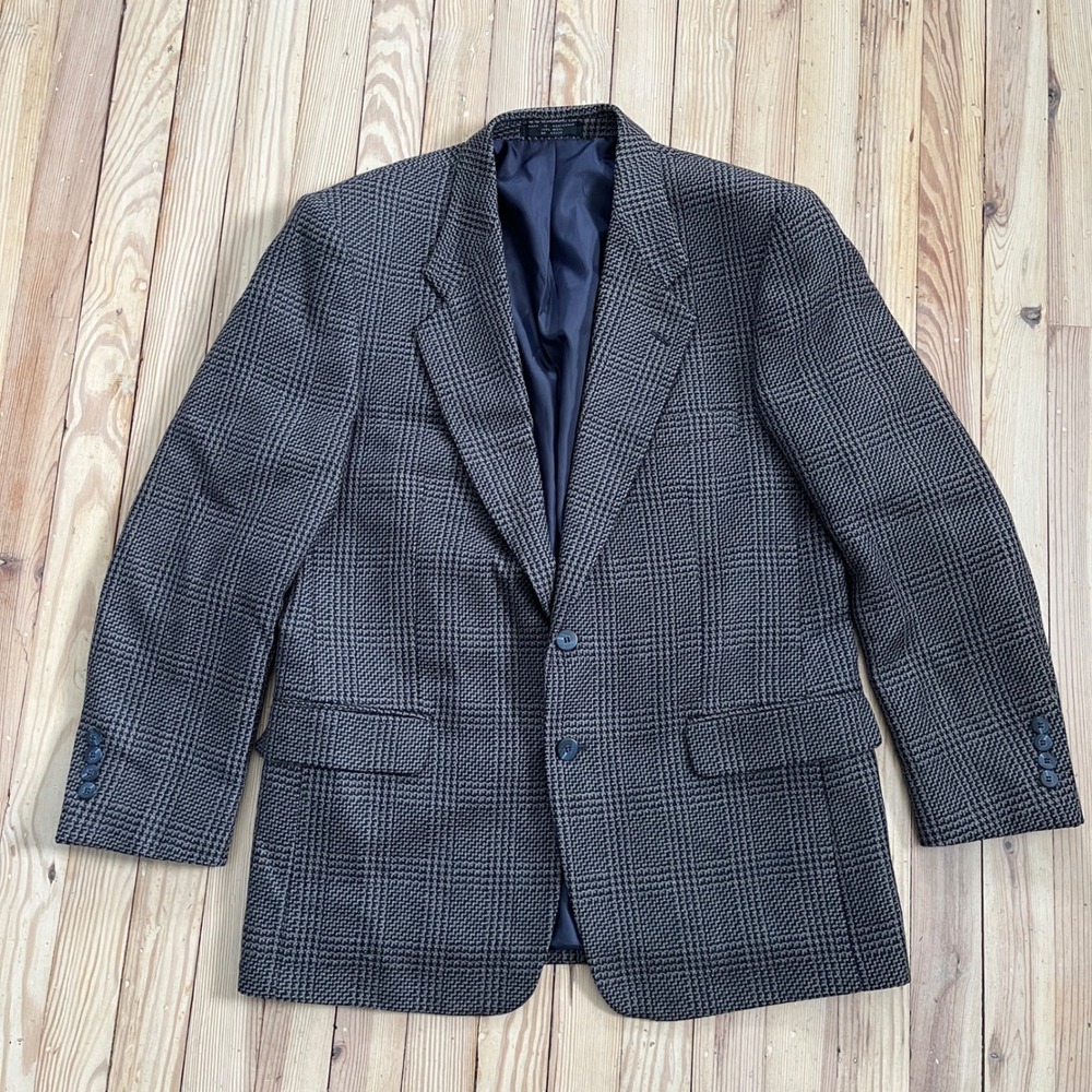 Jones New York Mens 40R Wool Blazer Blue Brown Houndstooth Sport Coat 2 Button